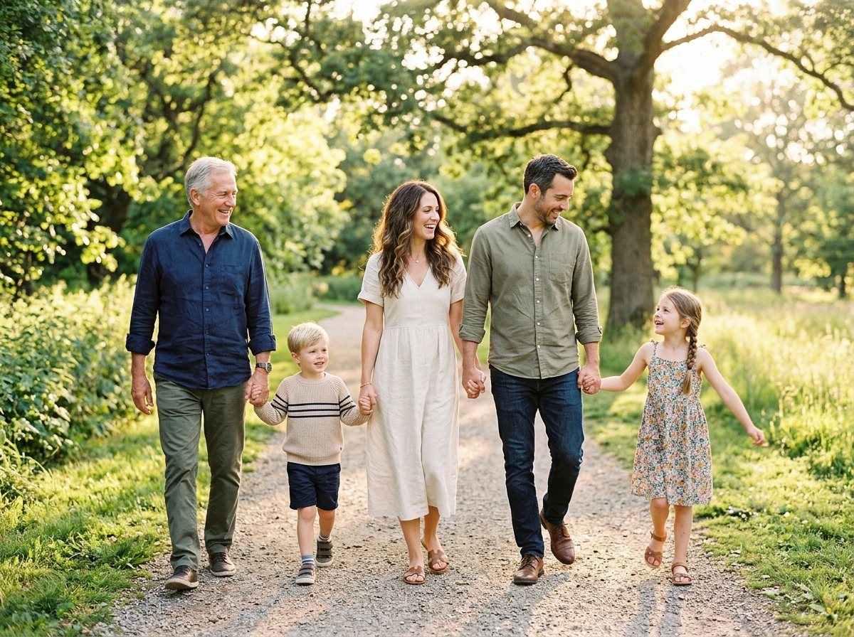 Happy family walking together in sunny park
