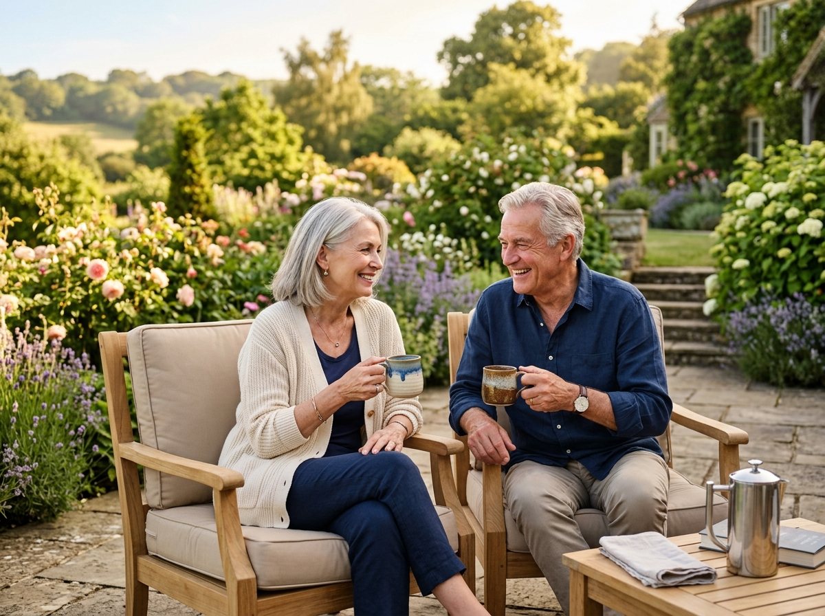 Relaxed retired couple with coffee mugs in morning garden